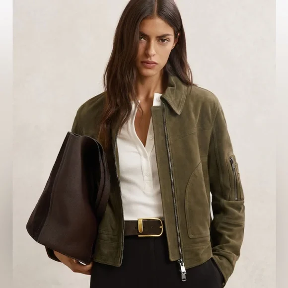 Tate
Suede Zip-Through Jacket in Khaki Green - Picture 1 of 7